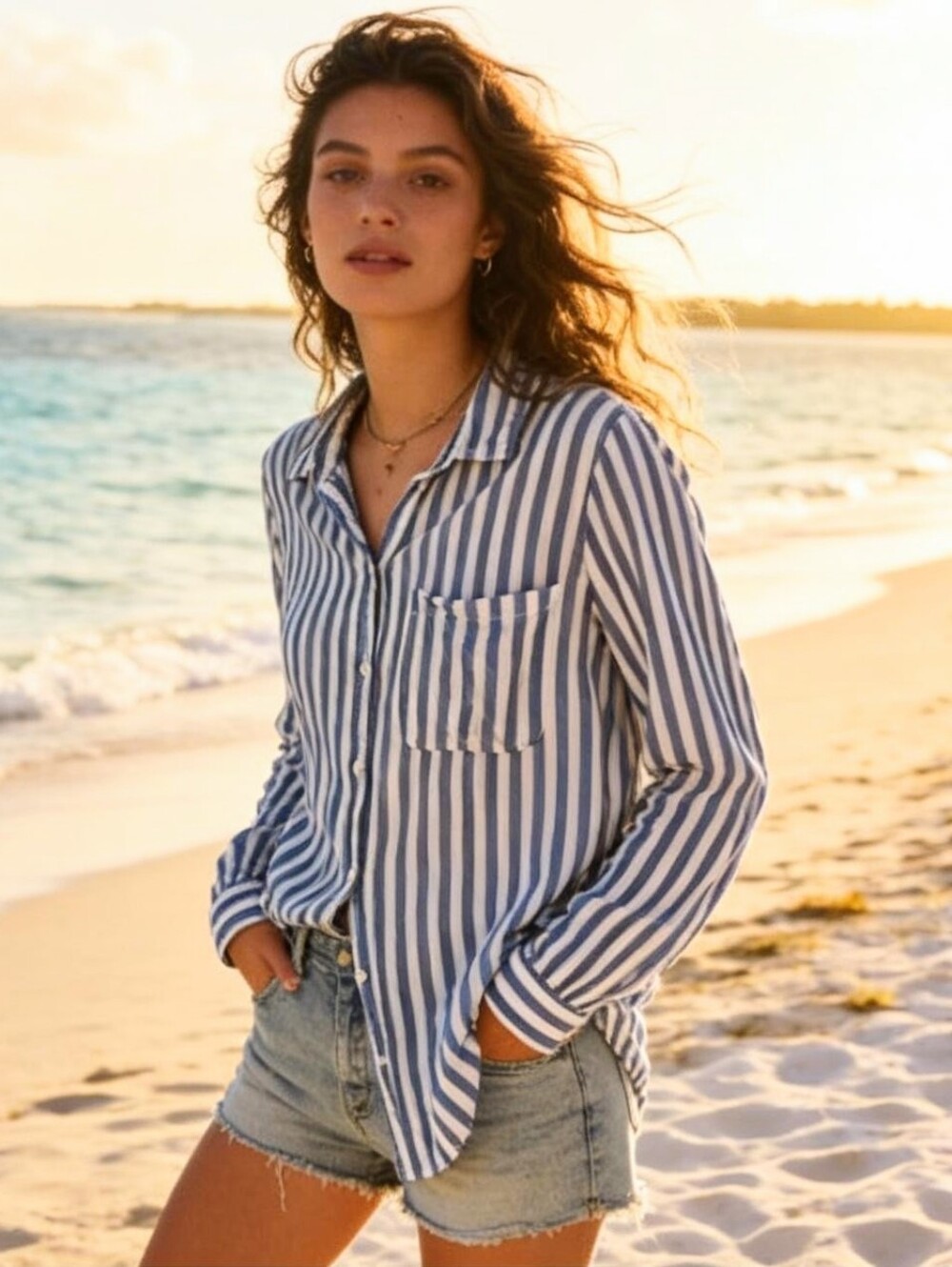 BEACH LUNCH LOUNGE Womens Shirt Button Down  Blue White Stripes MEDIUM